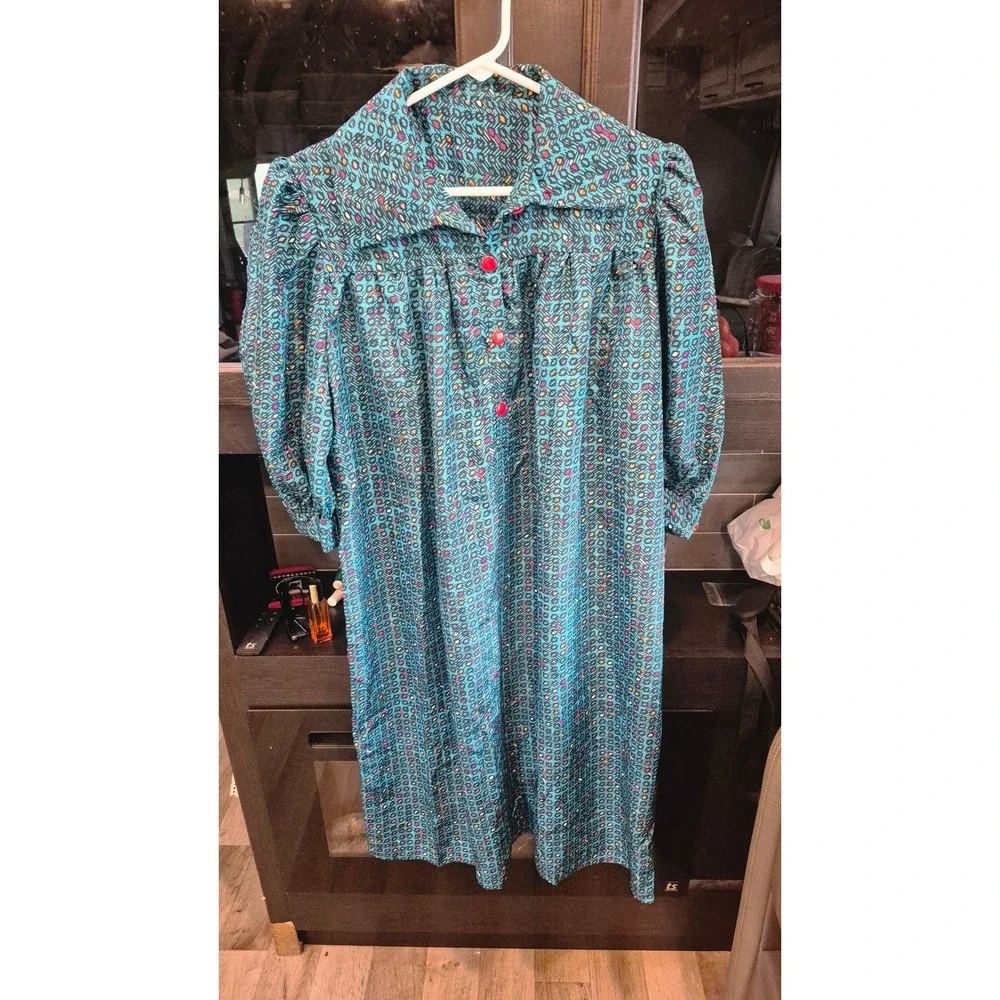 Vintage‎ 80s 90s Geometric Midi Dress Teal Abstract Print Button Front Boho M/L